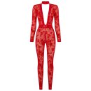 Noir Handmade Longsleeve Flock Catsuit F414 - Red