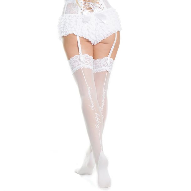 Bridal Stockings "Happy Anniversary" with Lace - White