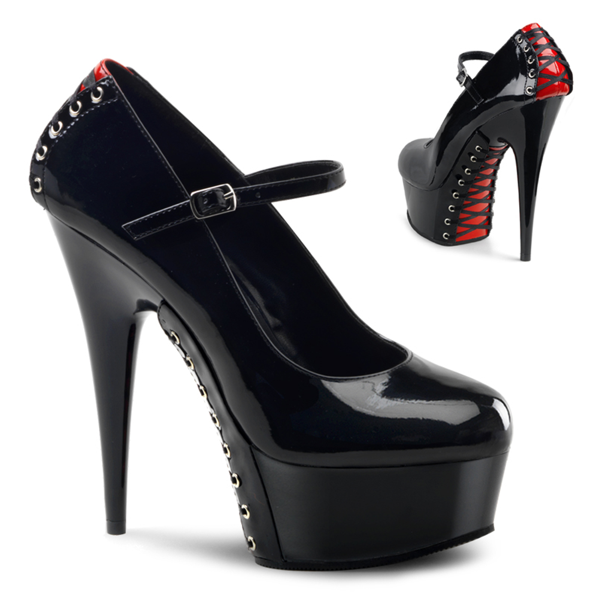 PLEASER 6" Heel Black Platform Black Red Corset Lace Up Ankle High Sandals Shoes