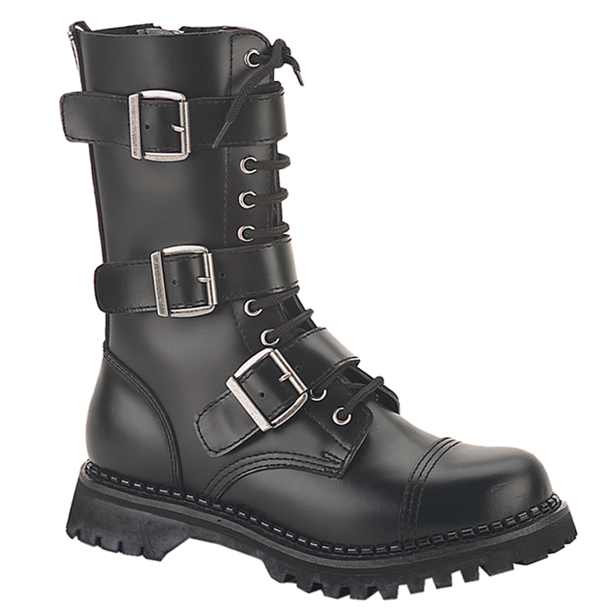 DEMONIA RIOT12/B/LE Men's Black Leather Punk Combat Steel Toe Calf High Boots 