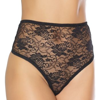 High Waisted Lace Thong - Black